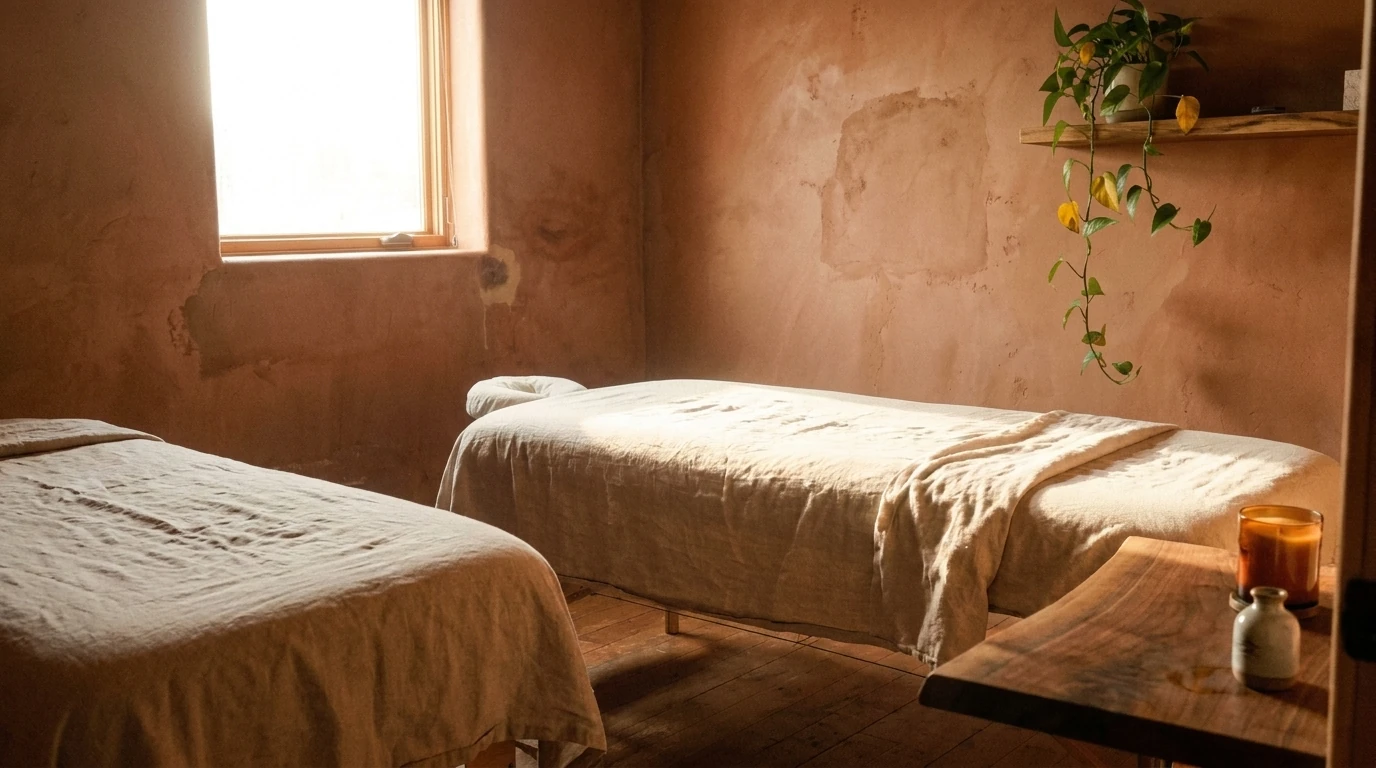 Private couples suite with two side-by-side massage tables in a warm terracotta room at Elite Spa Utah
