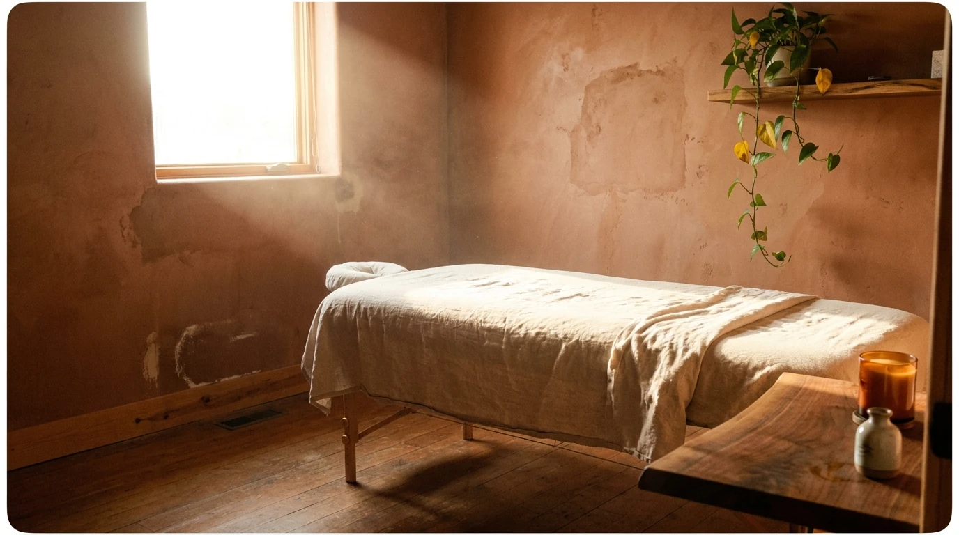 Warm, sunlit private massage room with a draped table and terracotta plaster walls at Elite Spa Utah